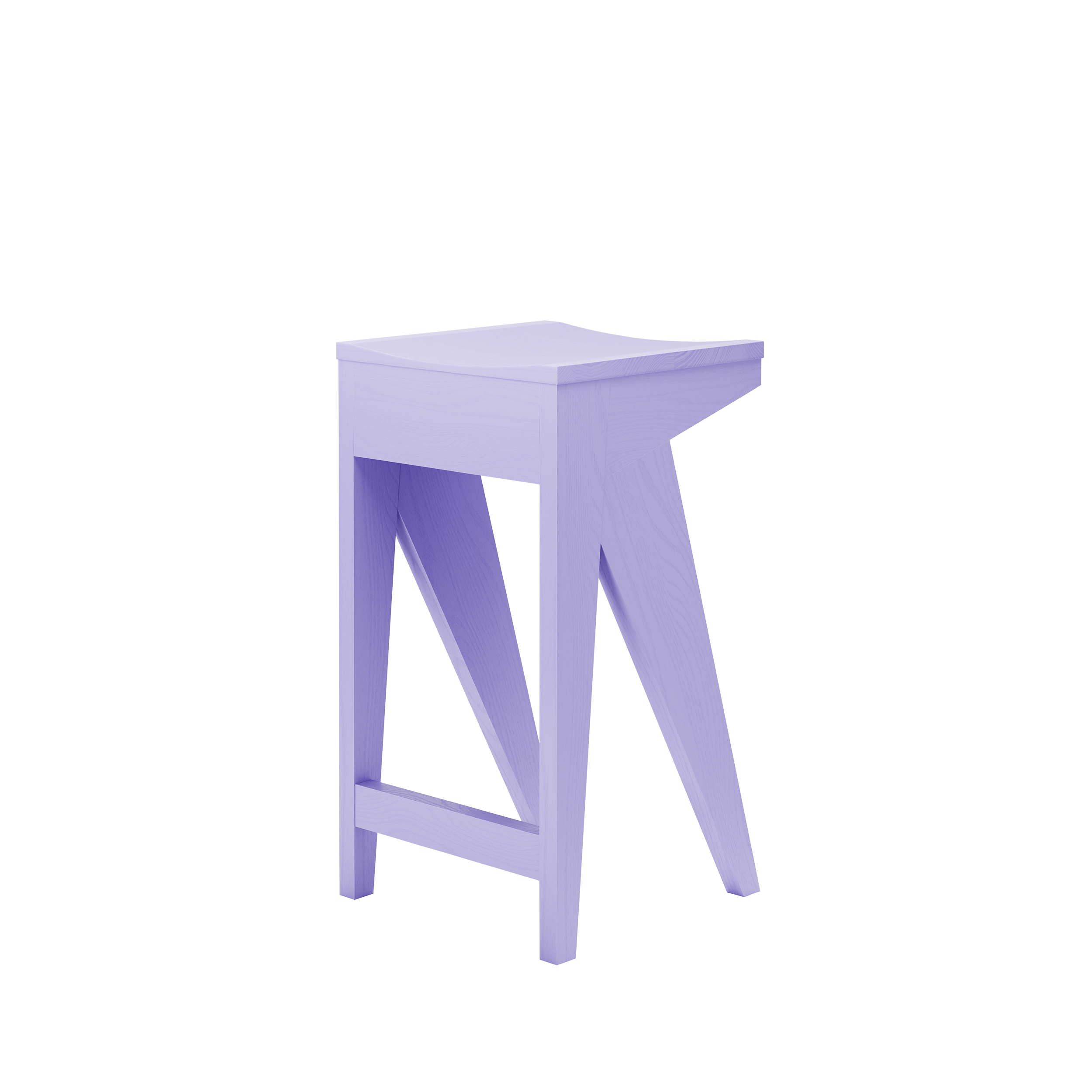 Introducing the Schulz Barstool by Objekte unserer Tage: a modern piece with an angular design, featuring a light purple finish and sharp triangular legs. Its flat, square seat adds to the minimalist and abstract aesthetic, casting soft shadows on its plain white backdrop.
