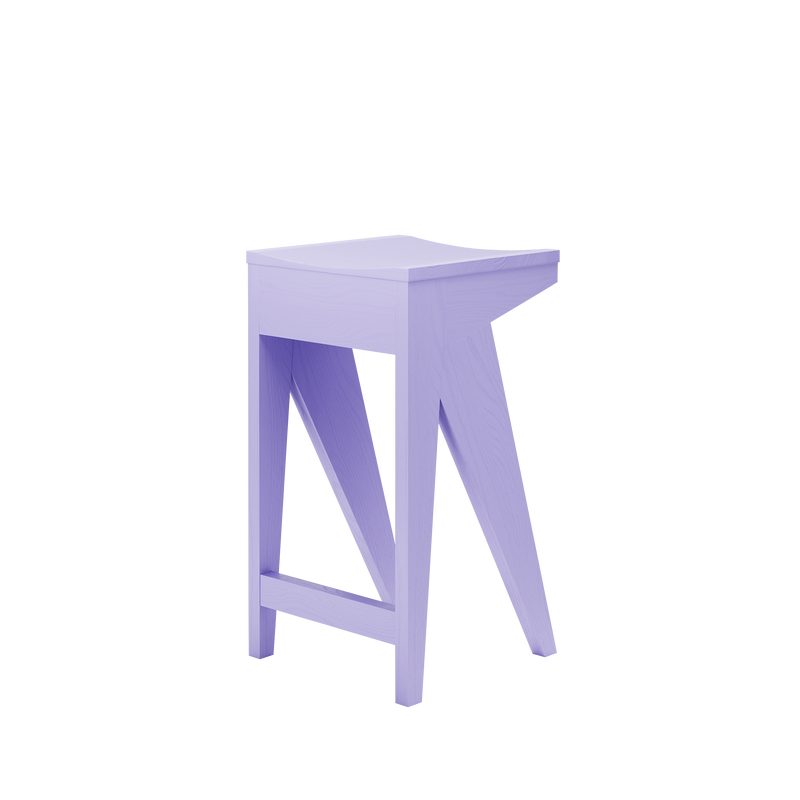 Introducing the Schulz Barstool by Objekte unserer Tage: a modern piece with an angular design, featuring a light purple finish and sharp triangular legs. Its flat, square seat adds to the minimalist and abstract aesthetic, casting soft shadows on its plain white backdrop.