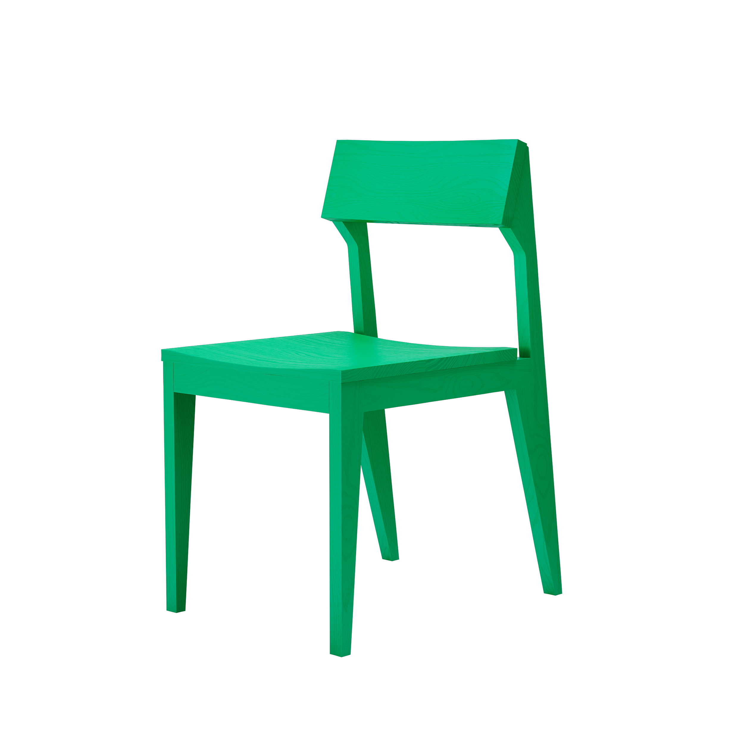 The Schulz Chair by Objekte unserer Tage, crafted from solid ash wood, flaunts a bright green finish, modern design with a straight backrest and four tapered legs. Set against a black background, its minimalist aesthetic highlights its durable and geometric form.