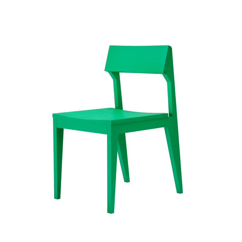 The Schulz Chair by Objekte unserer Tage, crafted from solid ash wood, flaunts a bright green finish, modern design with a straight backrest and four tapered legs. Set against a black background, its minimalist aesthetic highlights its durable and geometric form.