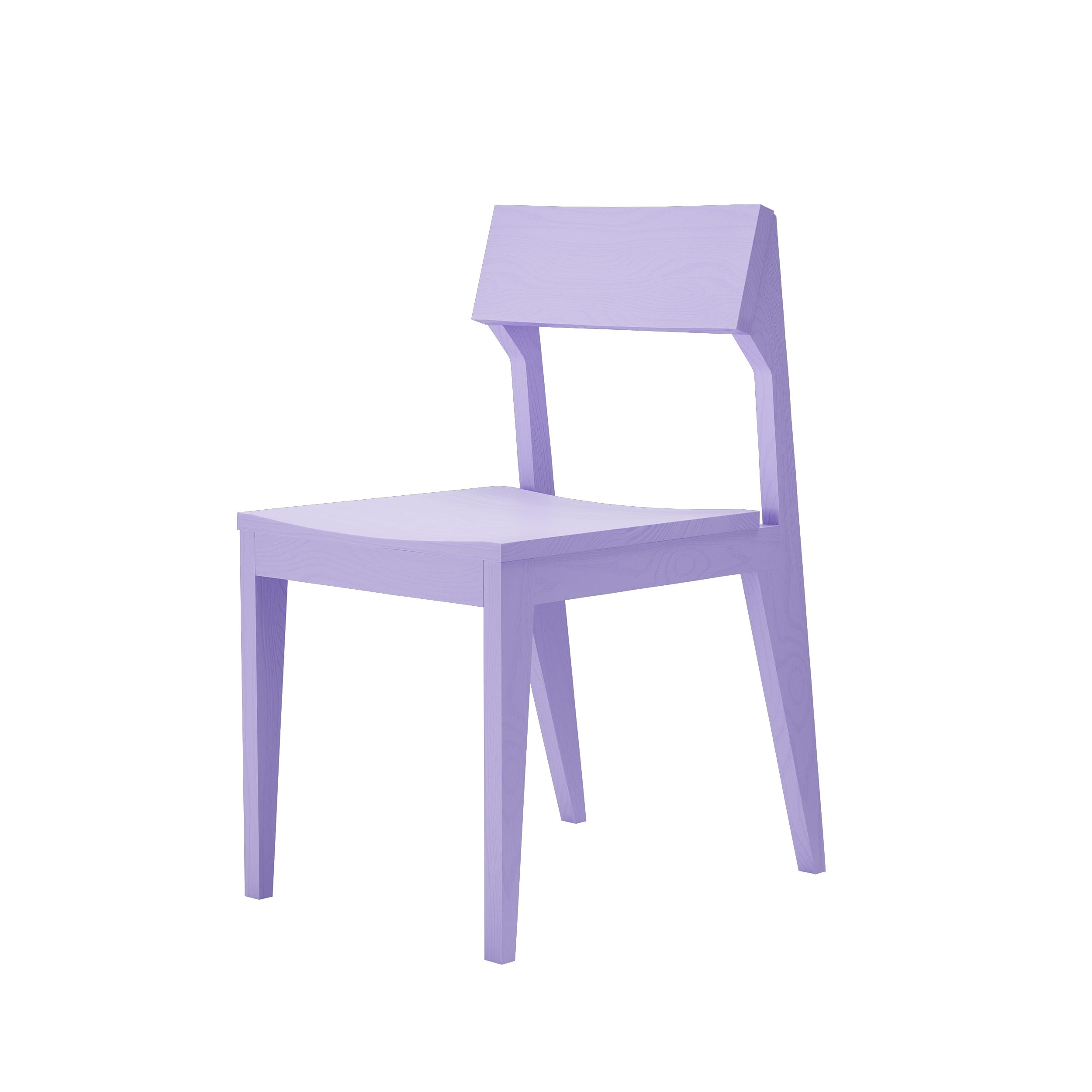 The Schulz Chair by Objekte unserer Tage showcases a minimalist design with a simple backrest and four solid ash wood legs, finished in light purple. Set against a plain black background, it combines durability with sleek style.