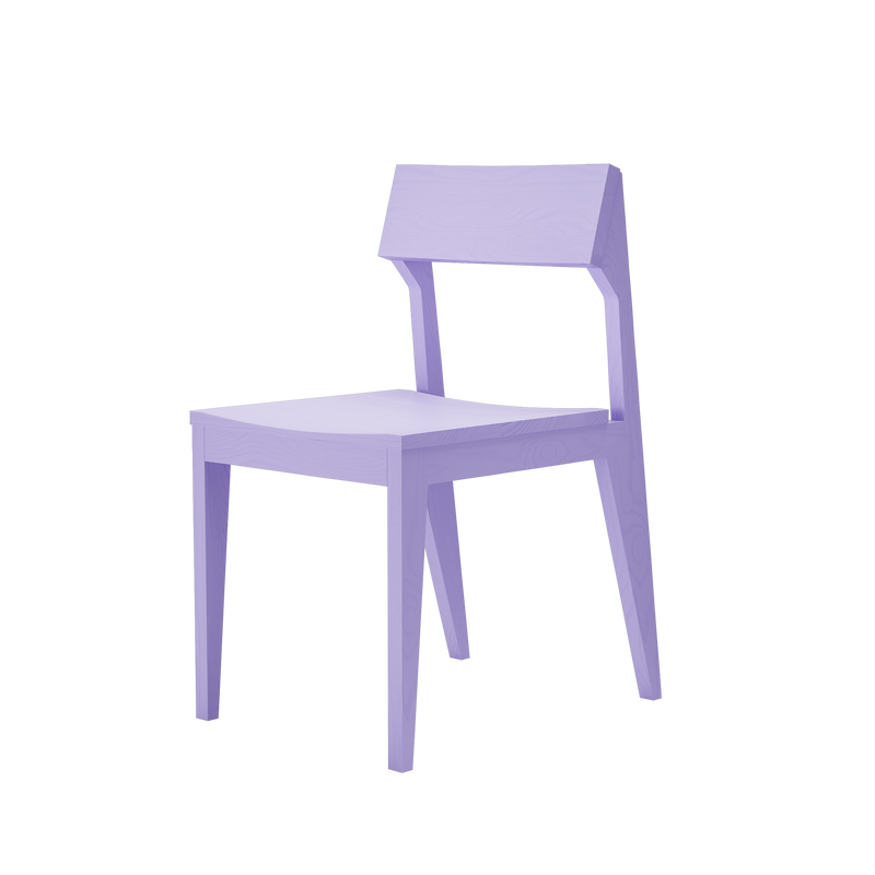 The Schulz Chair by Objekte unserer Tage showcases a minimalist design with a simple backrest and four solid ash wood legs, finished in light purple. Set against a plain black background, it combines durability with sleek style.