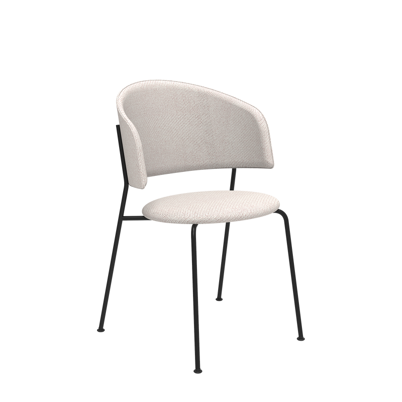 Meet the Wagner Dining Chair by Objekte unserer Tage: With light beige upholstery, sleek curves, and thin black metal legs, it offers ultimate comfort and minimalist elegance—perfect for any modern dining space.