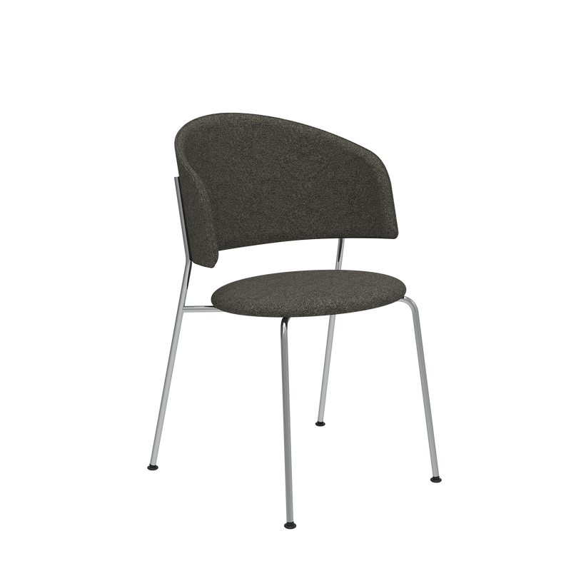 The Wagner Dining Chair by Objekte unserer Tage is a contemporary dark gray upholstered chair with a curved back and round seat, providing optimal comfort. Its slim metallic legs enhance its minimalist design, making it an elegant addition to any modern space.