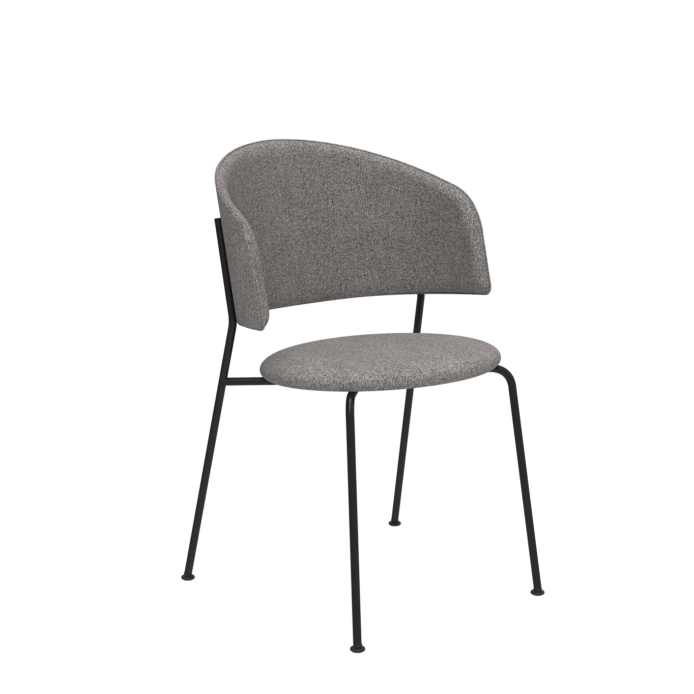 The Wagner Dining Chair by Objekte unserer Tage features a curved gray fabric backrest and seat for exceptional comfort. Its sleek black metal legs add a contemporary touch, beautifully presented against a white backdrop.