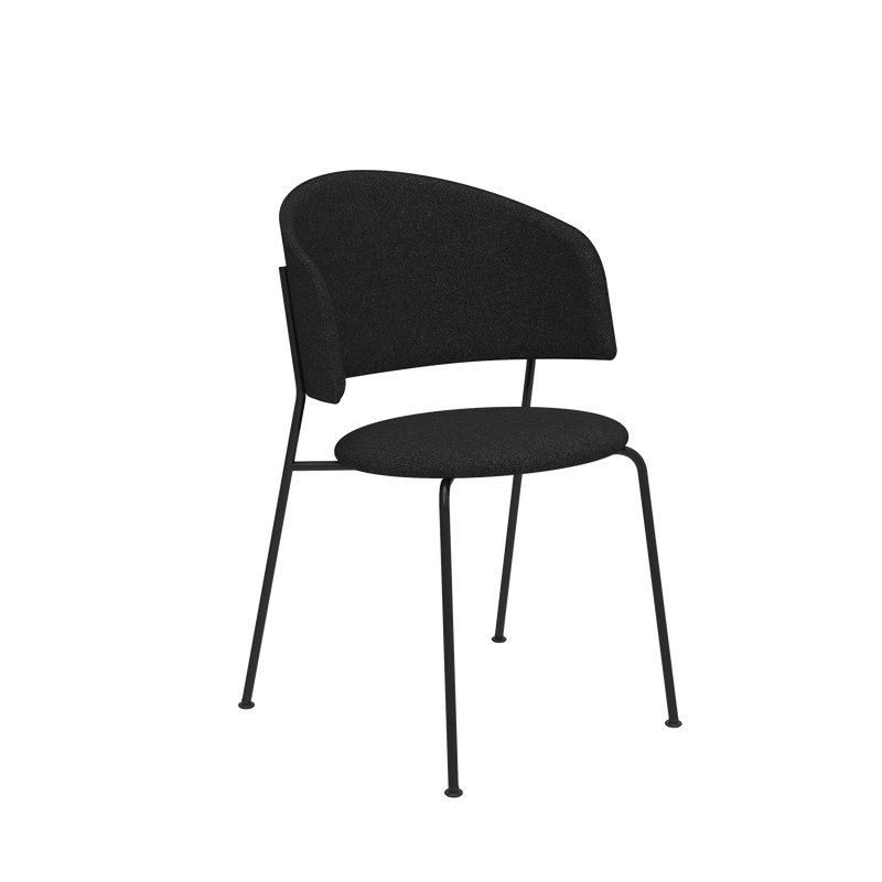 The Wagner Dining Chair by Objekte unserer Tage is a modern, black, upholstered dining chair featuring a rounded backrest, cushioned seat, slender metal legs, and a minimalist design for comfortable seating and contemporary style.