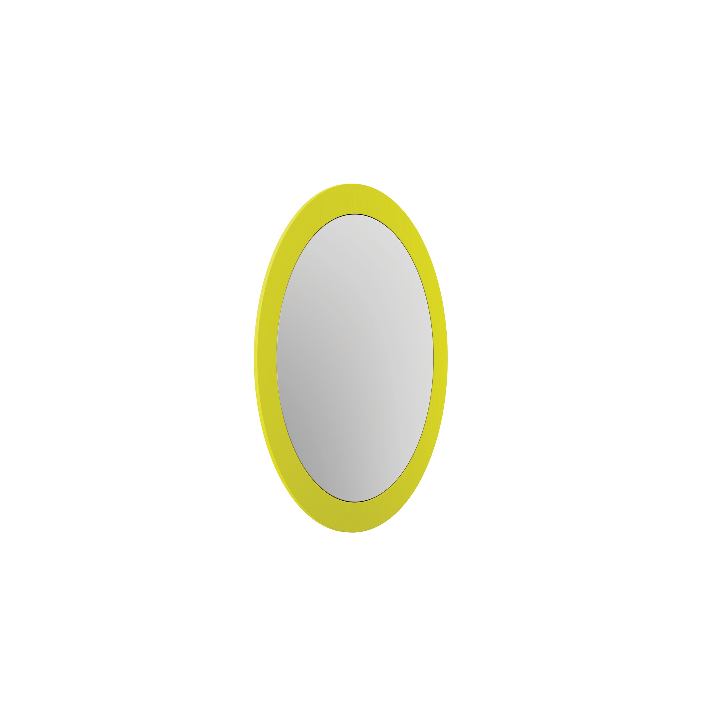 The Lorenz Mirror by Objekte unserer Tage boasts a circular design with a vibrant yellow frame, echoing geometric elements. Its set against a plain white background, highlighting its modern aesthetic.