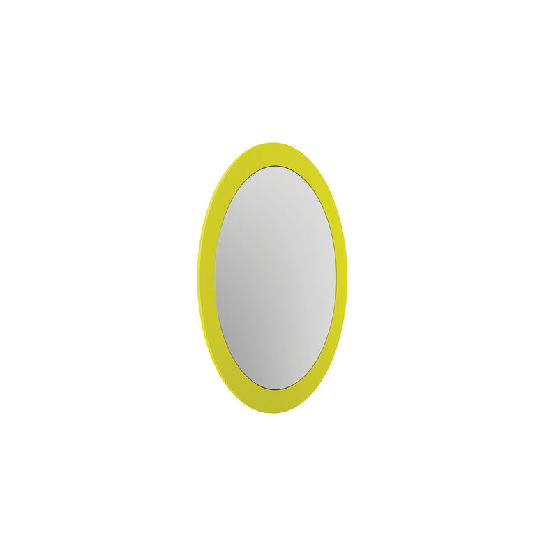 The Lorenz Mirror by Objekte unserer Tage boasts a circular design with a vibrant yellow frame, echoing geometric elements. Its set against a plain white background, highlighting its modern aesthetic.