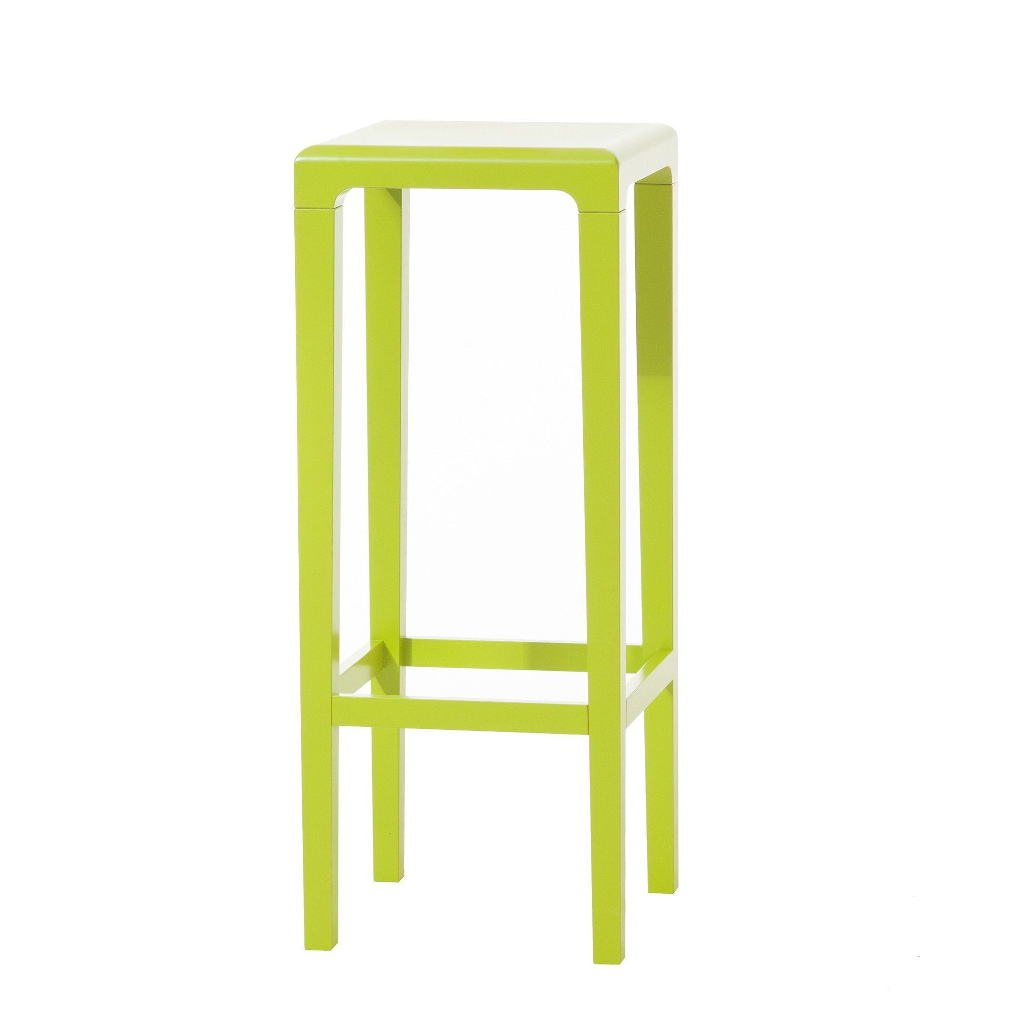 The Barstool Rioja by TON is a minimalist, tall green barstool with a square seat made from sleek beech wood. It has four straight legs and a simple footrest, all set against a white background.