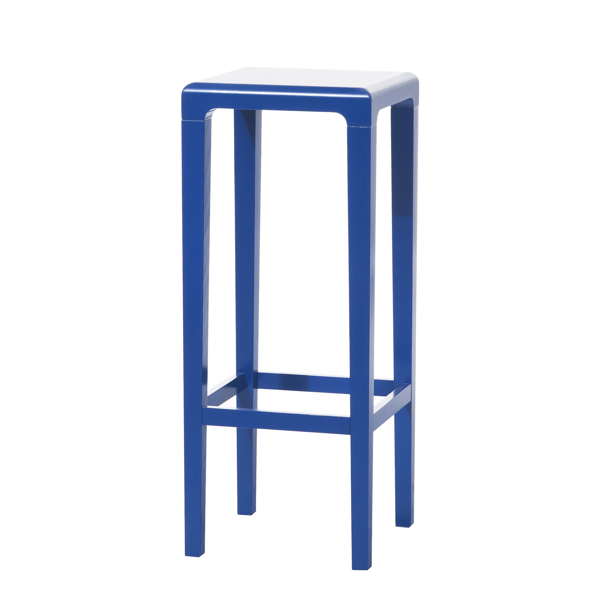The Barstool Rioja by TON is a modern blue metal barstool featuring a square seat and sturdy four-leg design, enhanced by two crossbars for support. Set against a plain white background, this minimalist piece complements any contemporary space.