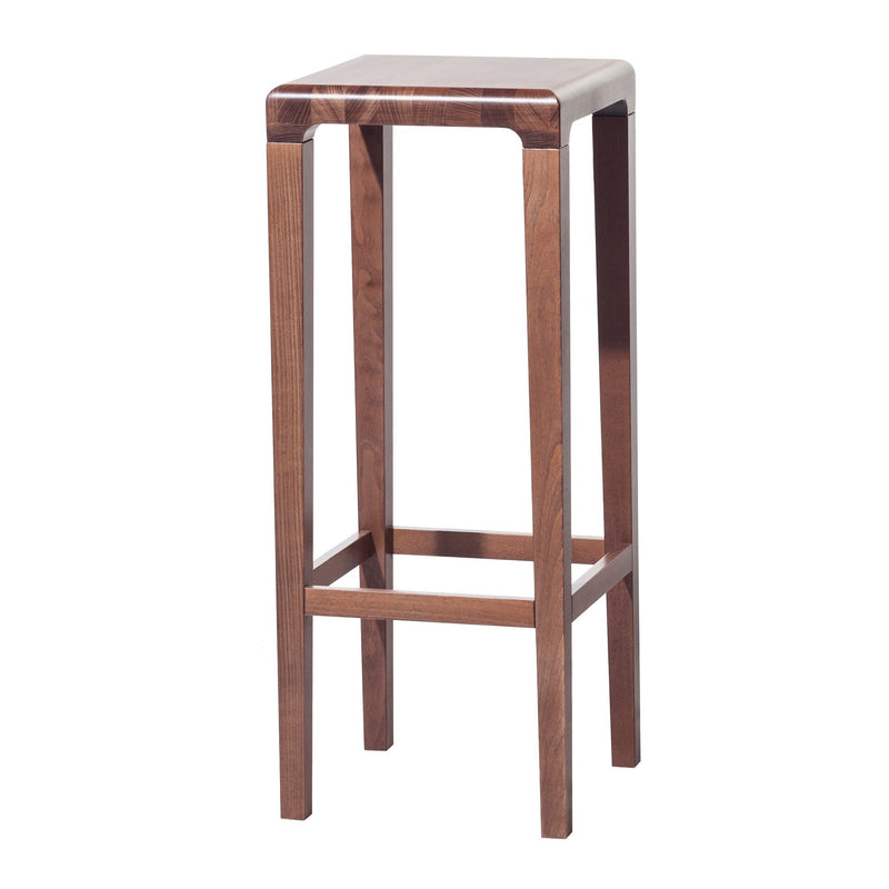 The Barstool Rioja by TON is crafted from rich oak and features a square seat with four sturdy legs. It embodies simplicity with straight lines and includes a practical footrest connecting the legs.