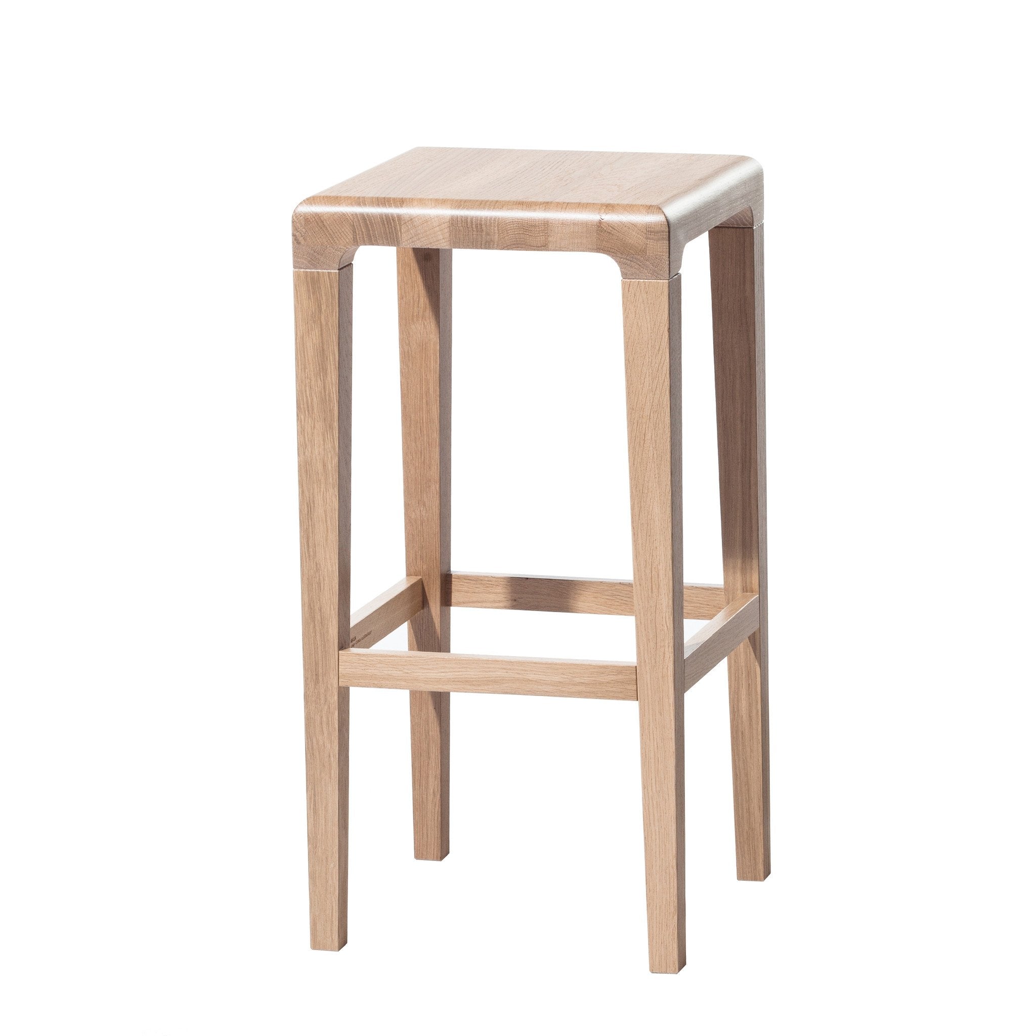 The Barstool Rioja by TON showcases a light oak design with a square seat and four straight legs, connected by two sturdy horizontal supports, all finished smoothly.