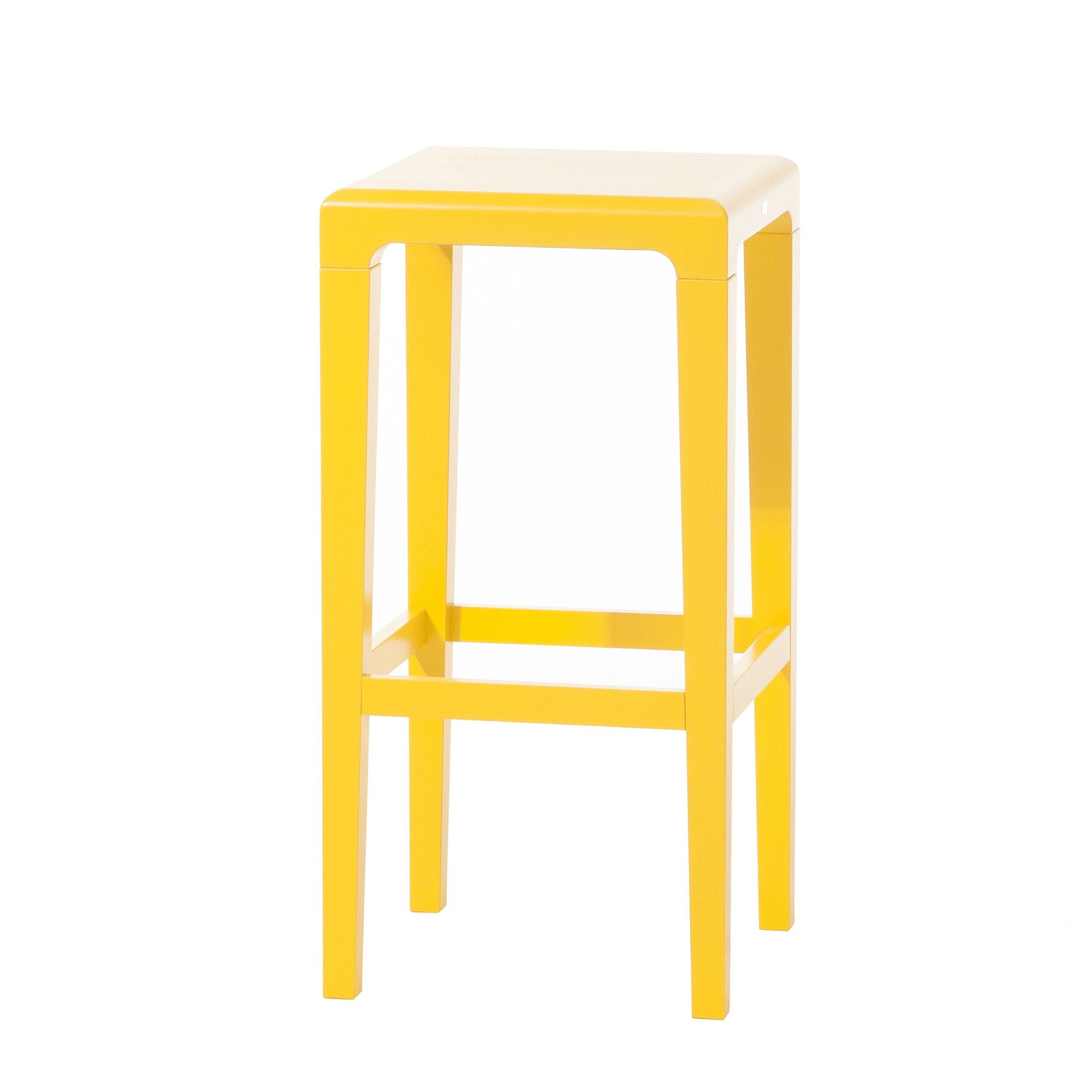 The Barstool Rioja by TON is a modern, bright yellow square barstool made from beech wood with clean lines and a minimalist design. It features four slender legs and a footrest, set against a white background.