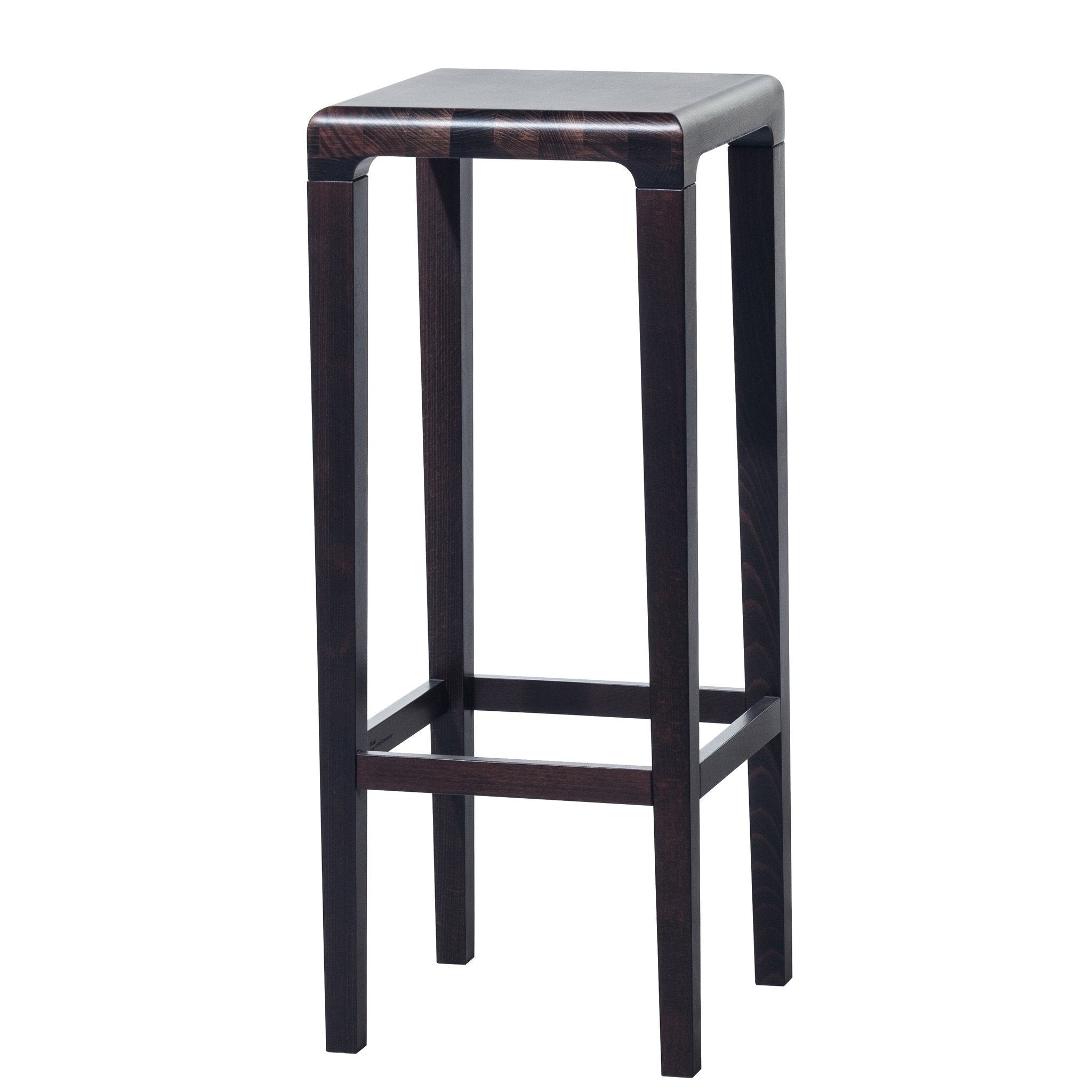 The Barstool Rioja by TON is a tall bar stool featuring a dark oak finish, square seat, four legs, and supportive crossbars. It boasts a modern and minimalist design.