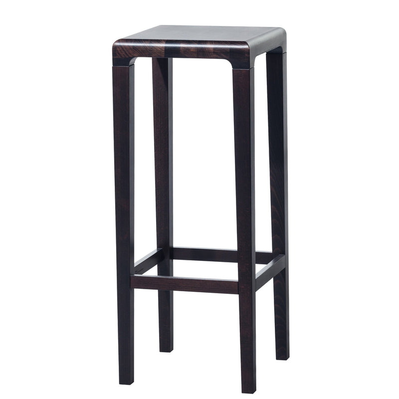 The Barstool Rioja by TON is a tall bar stool featuring a dark oak finish, square seat, four legs, and supportive crossbars. It boasts a modern and minimalist design.