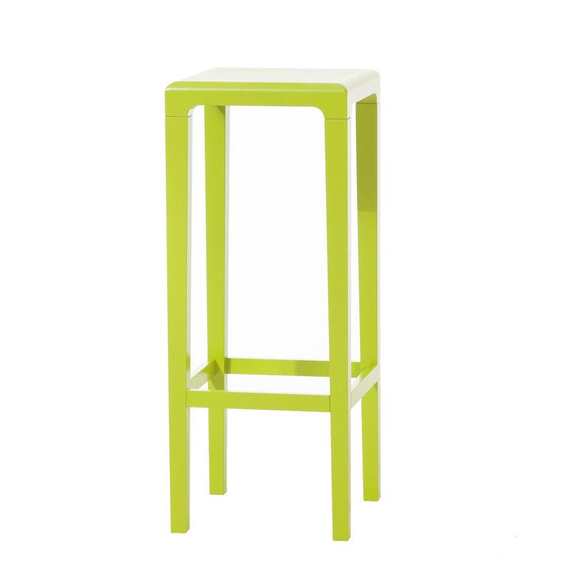 The Barstool Rioja by TON is a minimalist, tall green barstool with a square seat made from sleek beech wood. It has four straight legs and a simple footrest, all set against a white background.