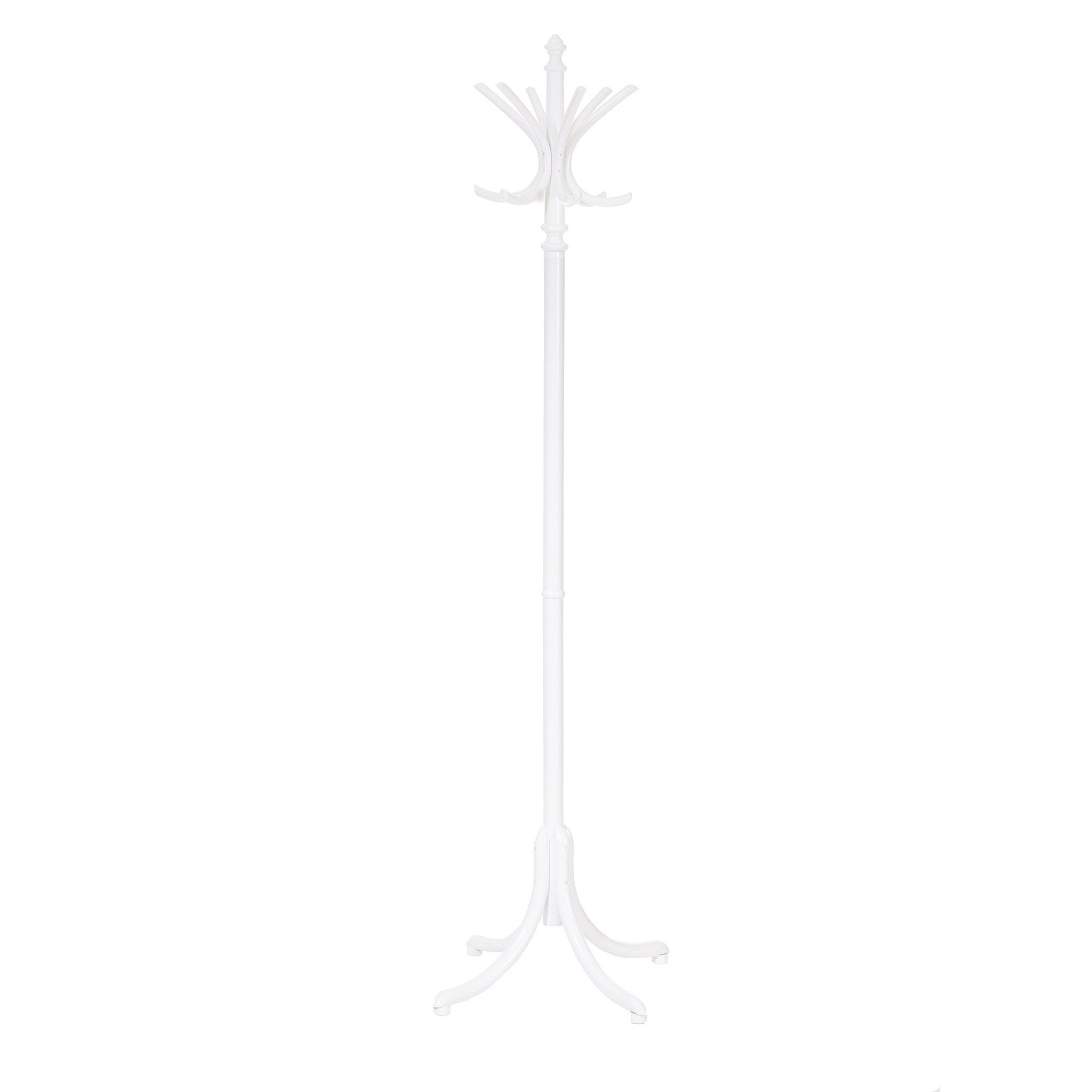 The TON Stand by 020 coat hanger showcases a minimalist white design with a tall, slender pole and multiple manually bent, curved hooks for versatile use. Its stable three-legged base stands reliably against its plain white backdrop.