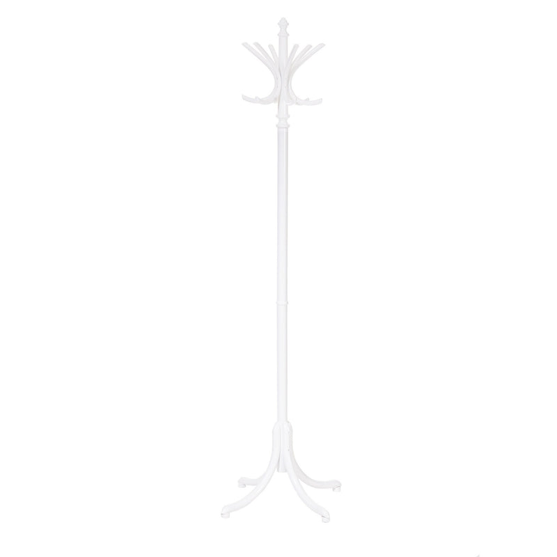 The TON Stand by 020 coat hanger showcases a minimalist white design with a tall, slender pole and multiple manually bent, curved hooks for versatile use. Its stable three-legged base stands reliably against its plain white backdrop.
