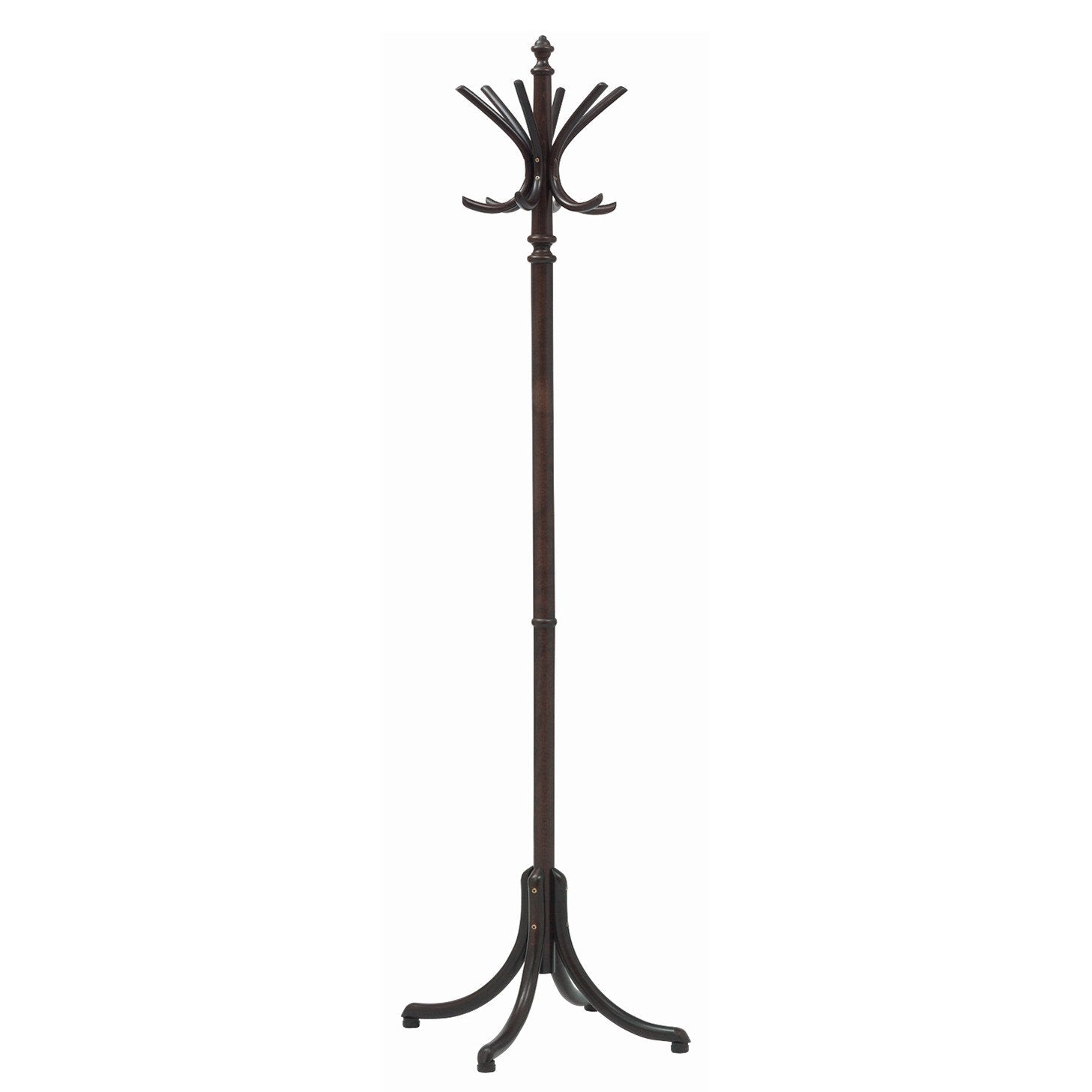 The Stand by 020 from TON is a tall, brown wooden coat rack featuring a decorative top and several manually bent hooks, inspired by the TON coat hanger. Its universal design stands sturdily on a three-legged base.