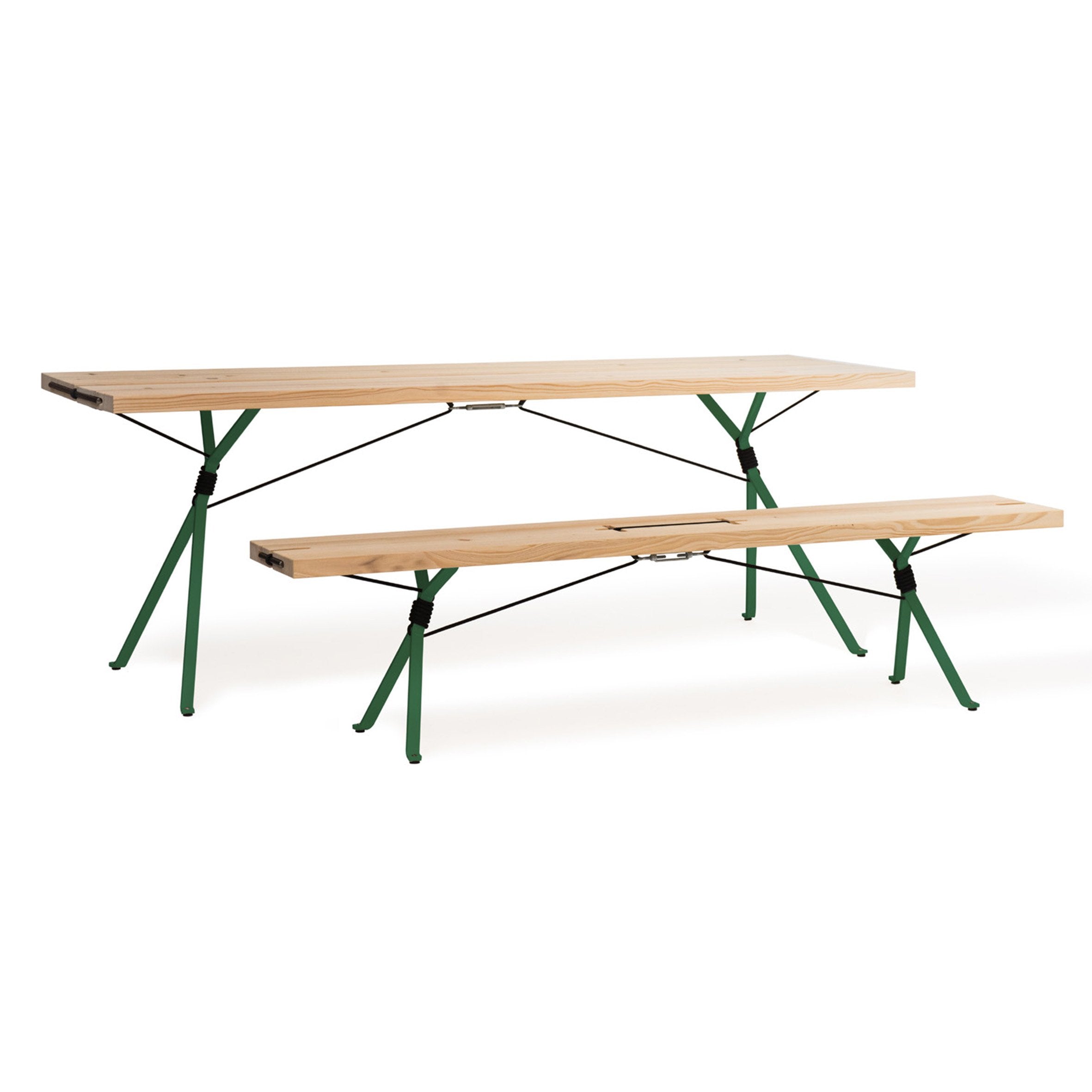 The Moormann Kampenwand Table and bench set features a minimalist design with a wooden surface and green metal legs. The elevated table is complemented by a lower bench, both showcasing clean lines and modern aesthetics.