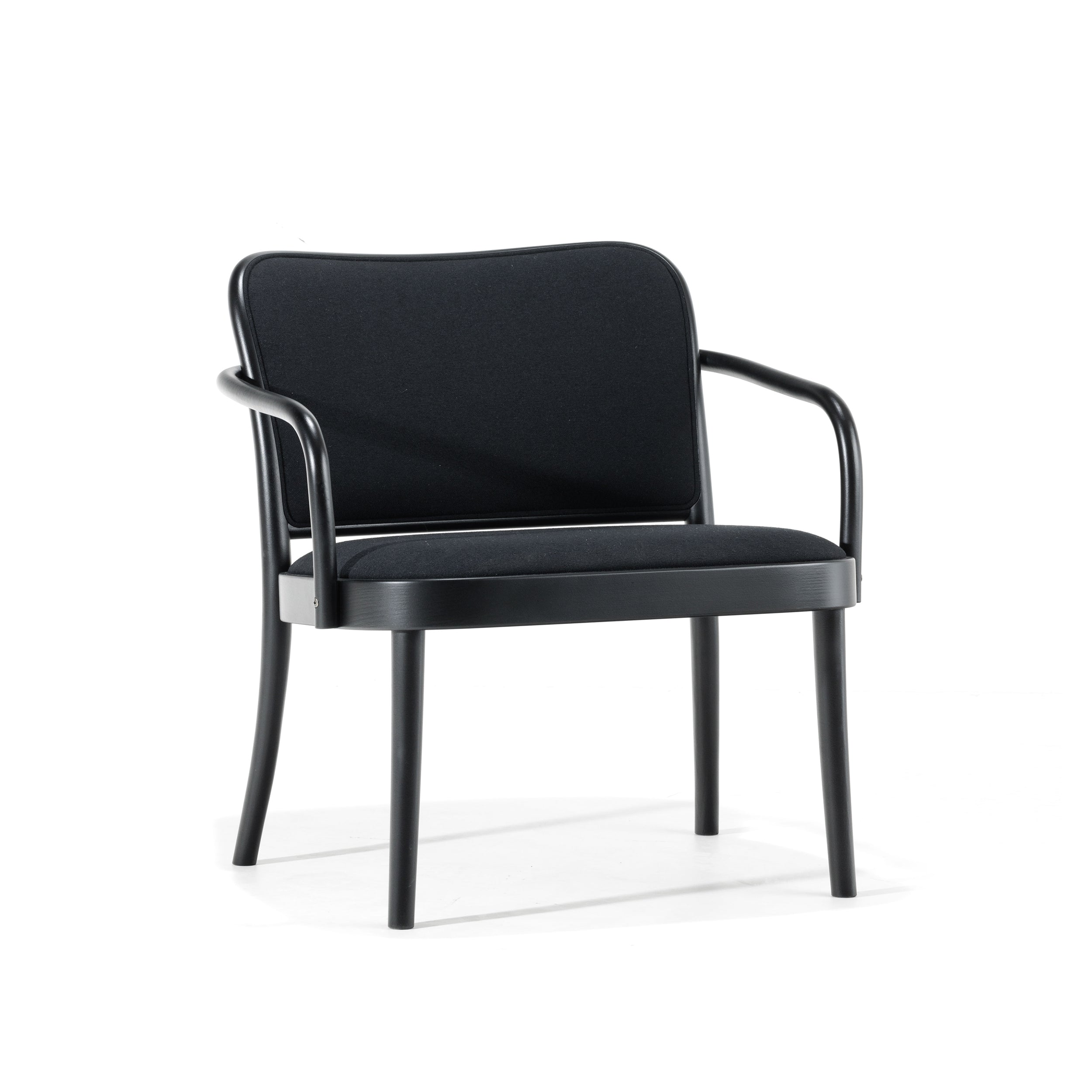 Discover the Lounge Armchair 811 by TON featuring a black cushioned seat and backrest, rounded armrests, and sleek straight legs. Its minimalist modern design offers contemporary style and versatile elegance for any setting.