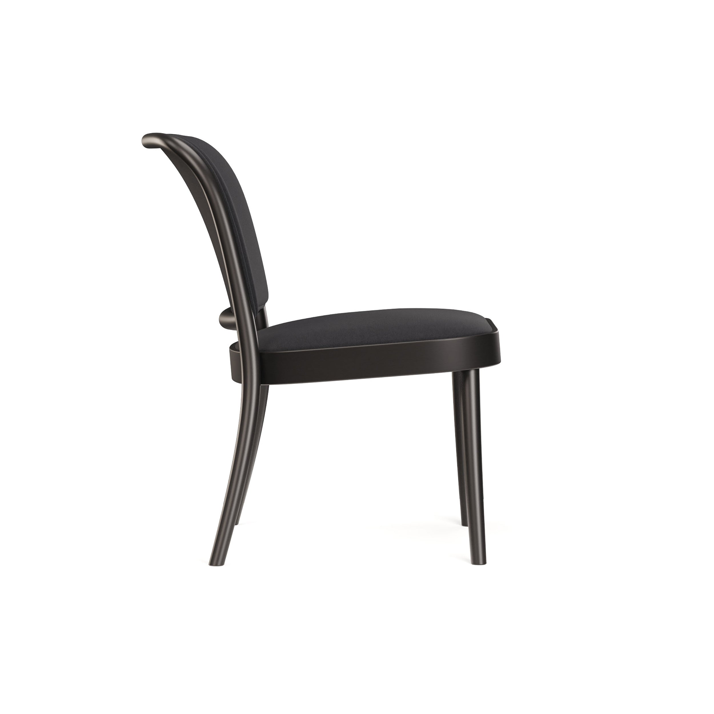 Side view of TONs Loungechair 811, a modern black armchair with a cushioned seat and curved backrest designed by Claesson Koivisto Rune. It features four slender legs and smooth, clean lines, combining sleekness and comfort for any contemporary relaxation space.