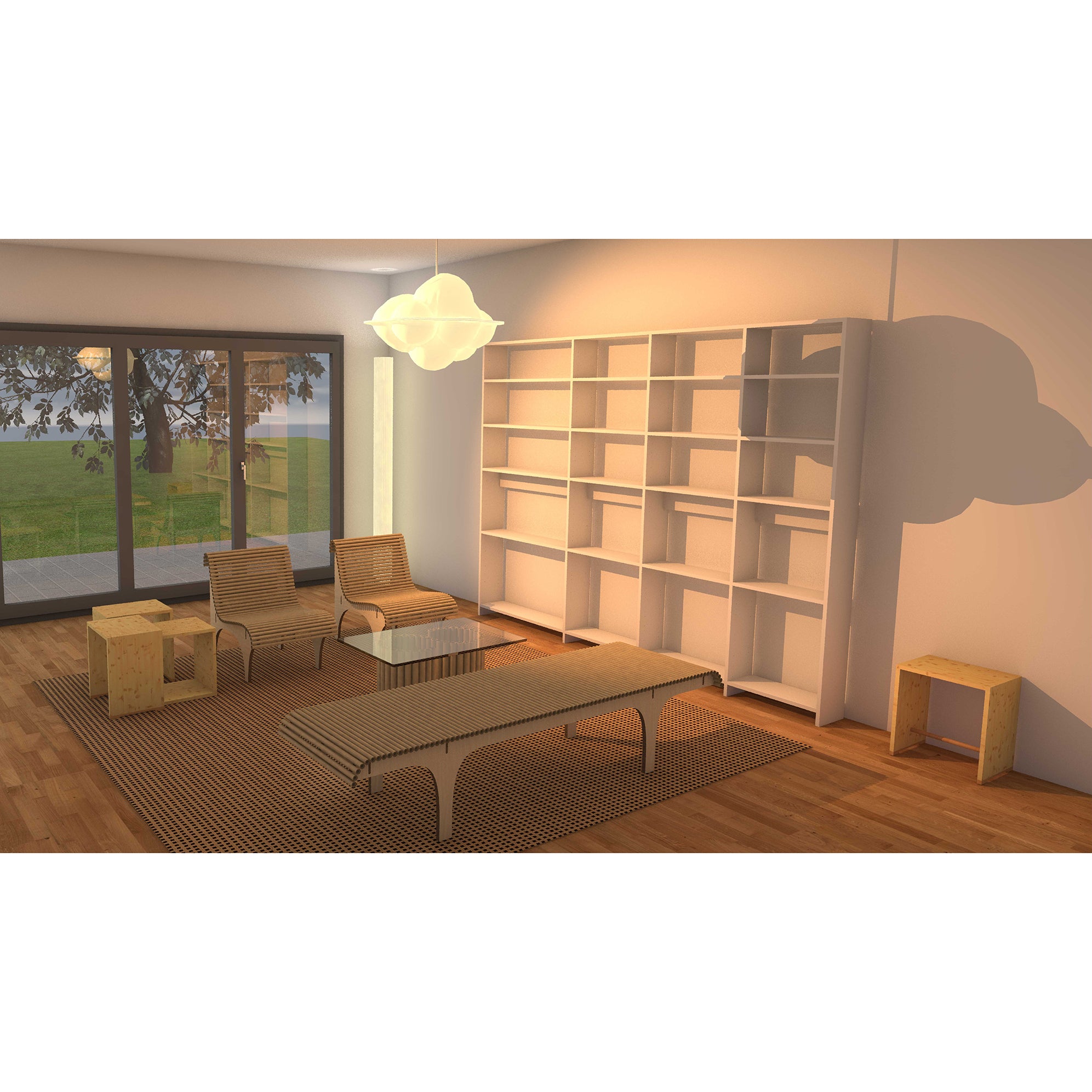 A modern living room with a large window showcasing the outdoor view. It features eco-friendly furniture by Shigeru Ban, including a wooden table and two woven chairs. Nearby is a Carta Bench by WB Form, surrounded by white bookshelves and a geometric beige rug beneath a unique pendant light.