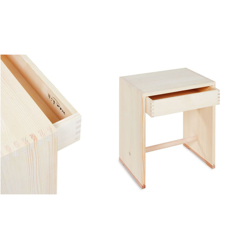 The Ulmer Stool with Drawer by WB Form, crafted in light wood, features dovetail joints and a minimalist design reminiscent of Max Bill. The image showcases the craftsmanship with a close-up of the joinery detail.