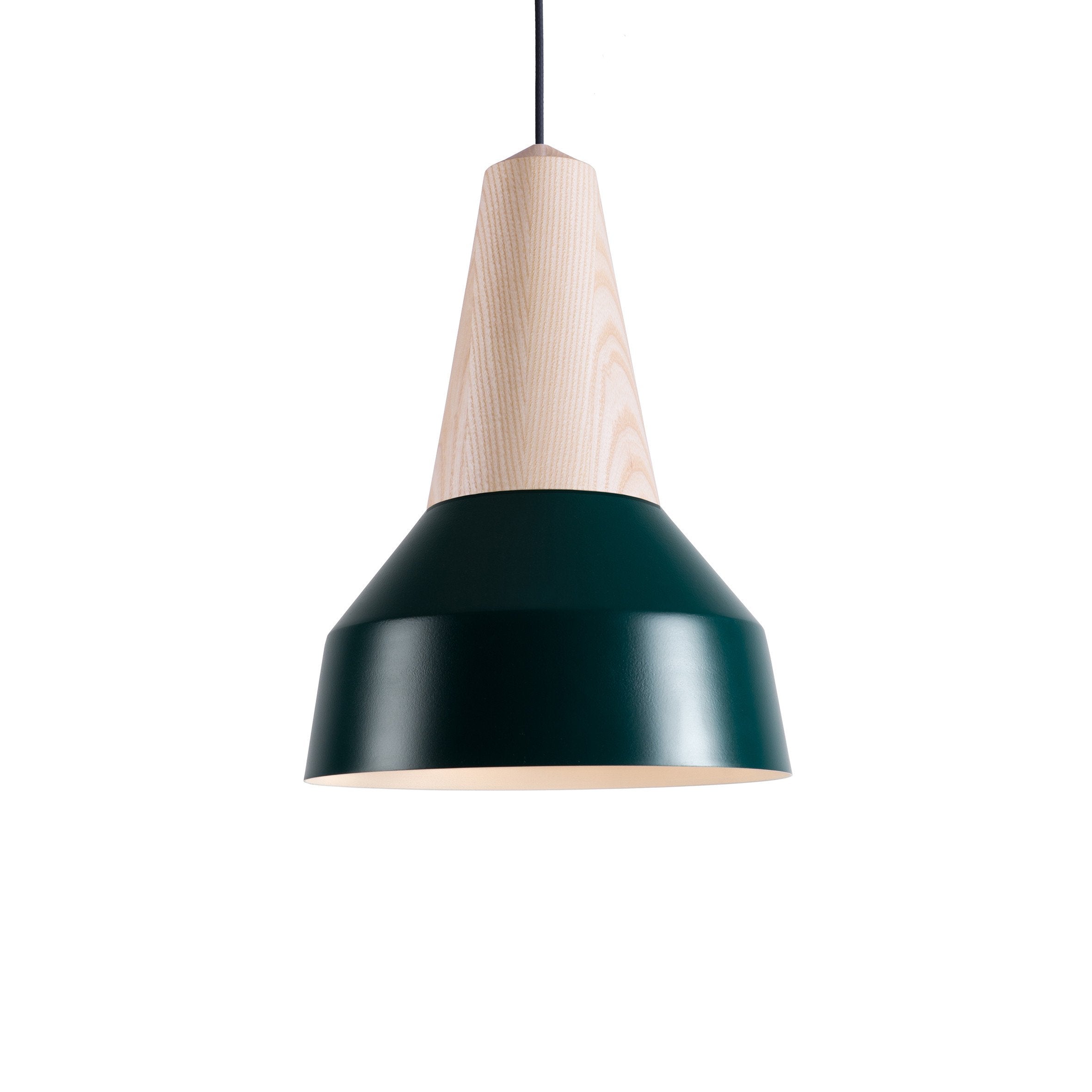 The Eikon Basic Forest Green by Schneid features a conical certified wood top and a wide, dark green metal shade. It hangs from a black cord and emits soft light, seamlessly blending natural and modern elements.