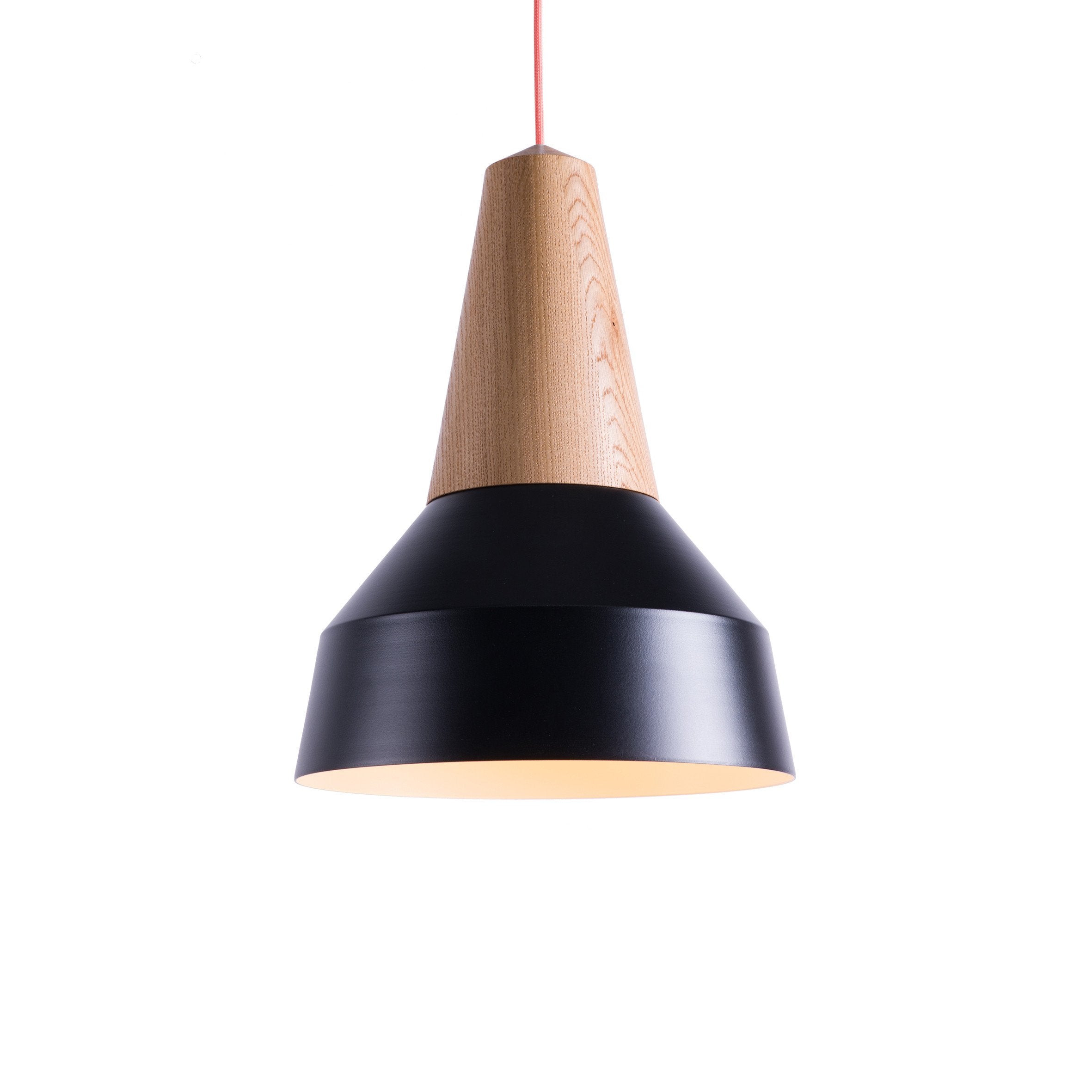 The Eikon Basic Black by Schneid presents a stylish pendant lamp with a conical certified wooden top and matte black base. It features a vibrant red cord and warm light, combining style with sustainability against a plain white backdrop. Now on sale!.