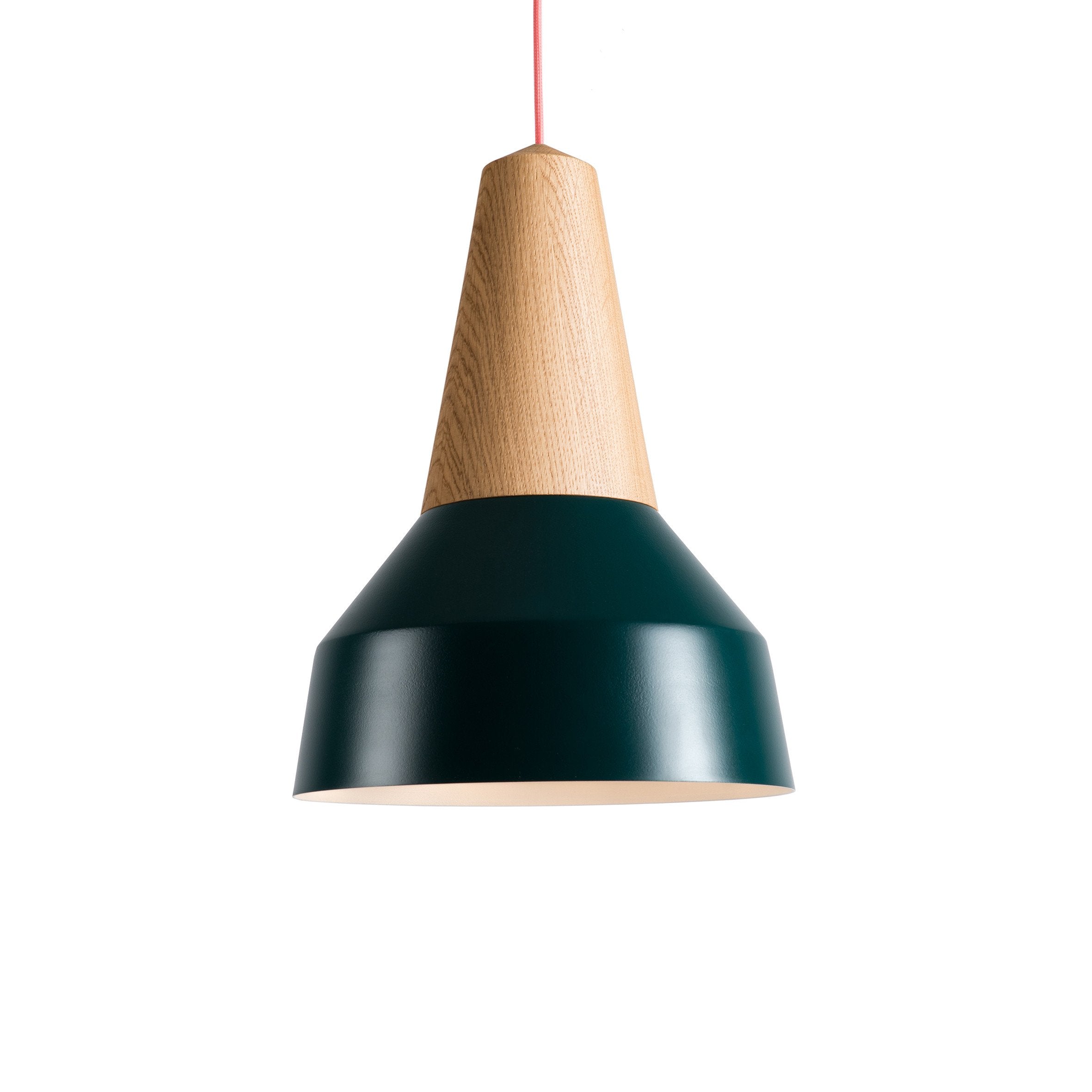 The Eikon Basic Forest Green pendant lamp by Schneid boasts a modern conical shape with a certified wood top and dark green metal bottom, suspended by a red cord for striking contrast, providing versatile lampshade options to suit any decor style.