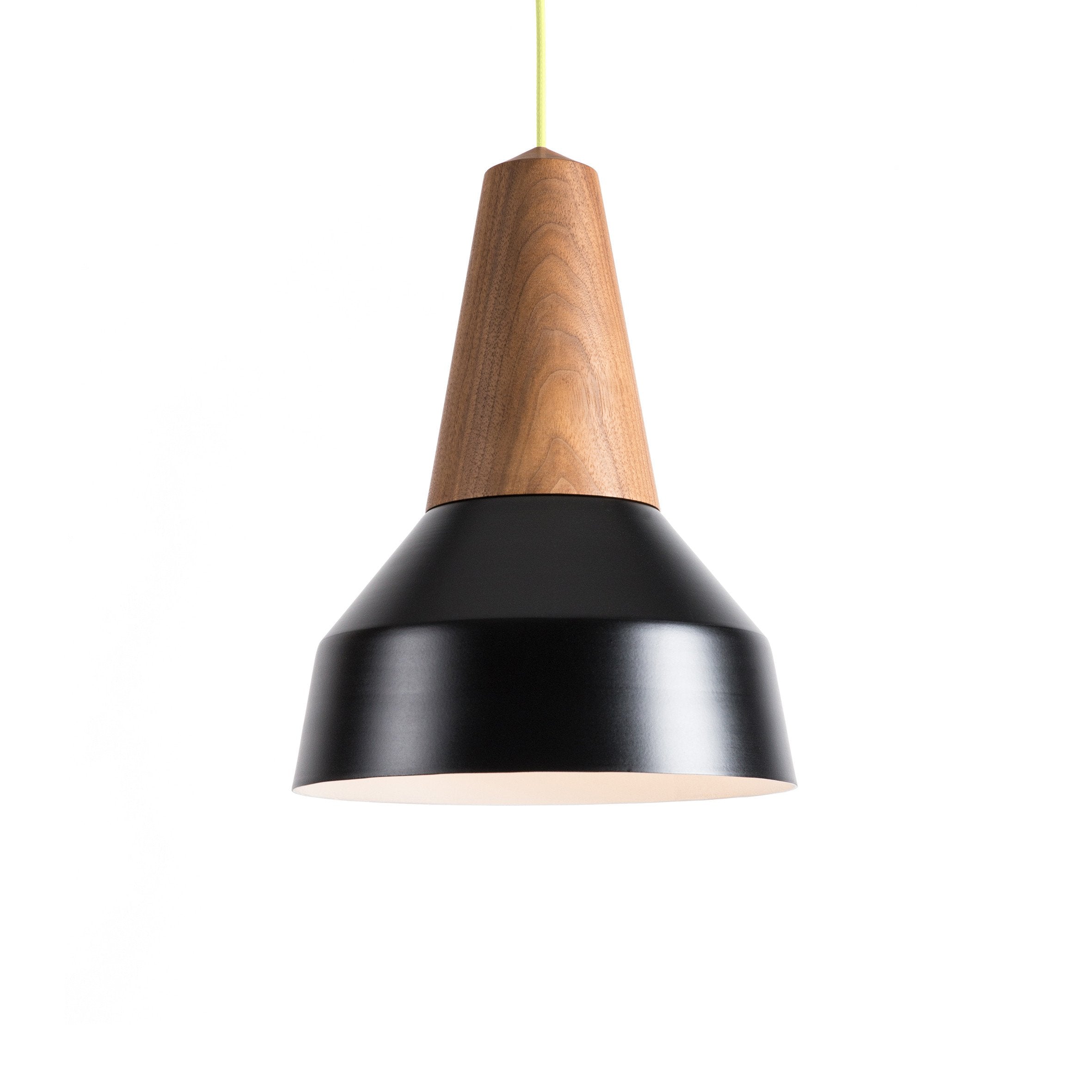 The Schneid Eikon Basic Black pendant light combines a conical fixture made from certified wood with a wide black metal shade, all suspended by a thin cord, seamlessly blending natural allure with modern aesthetics. Now on sale!.
