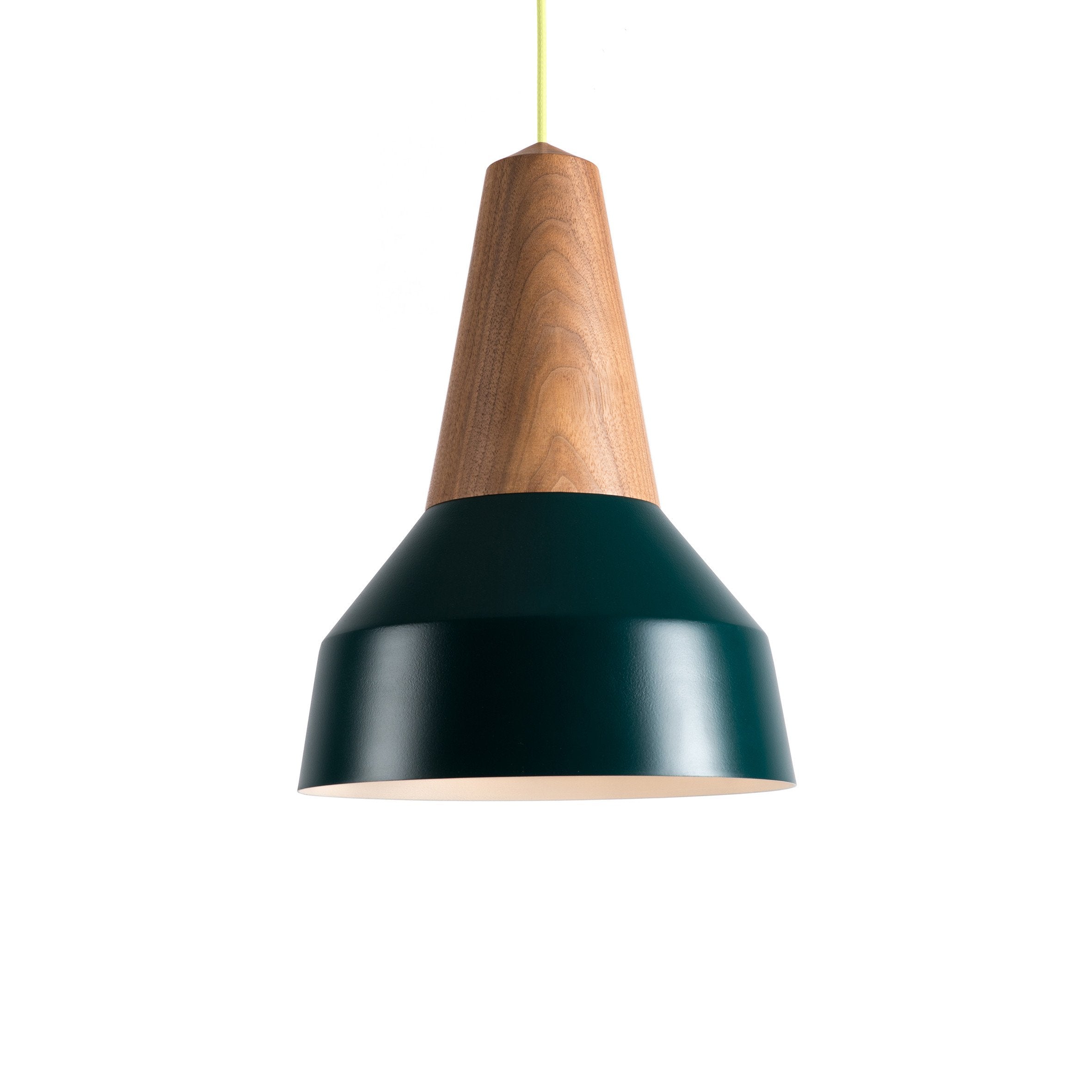 The Eikon Basic Forest Green by Schneid features a sleek pendant design with a certified wooden upper and dark green metal shade, suspended from a yellow cord. It offers versatile lampshade options suitable for any interior style. Currently on sale.