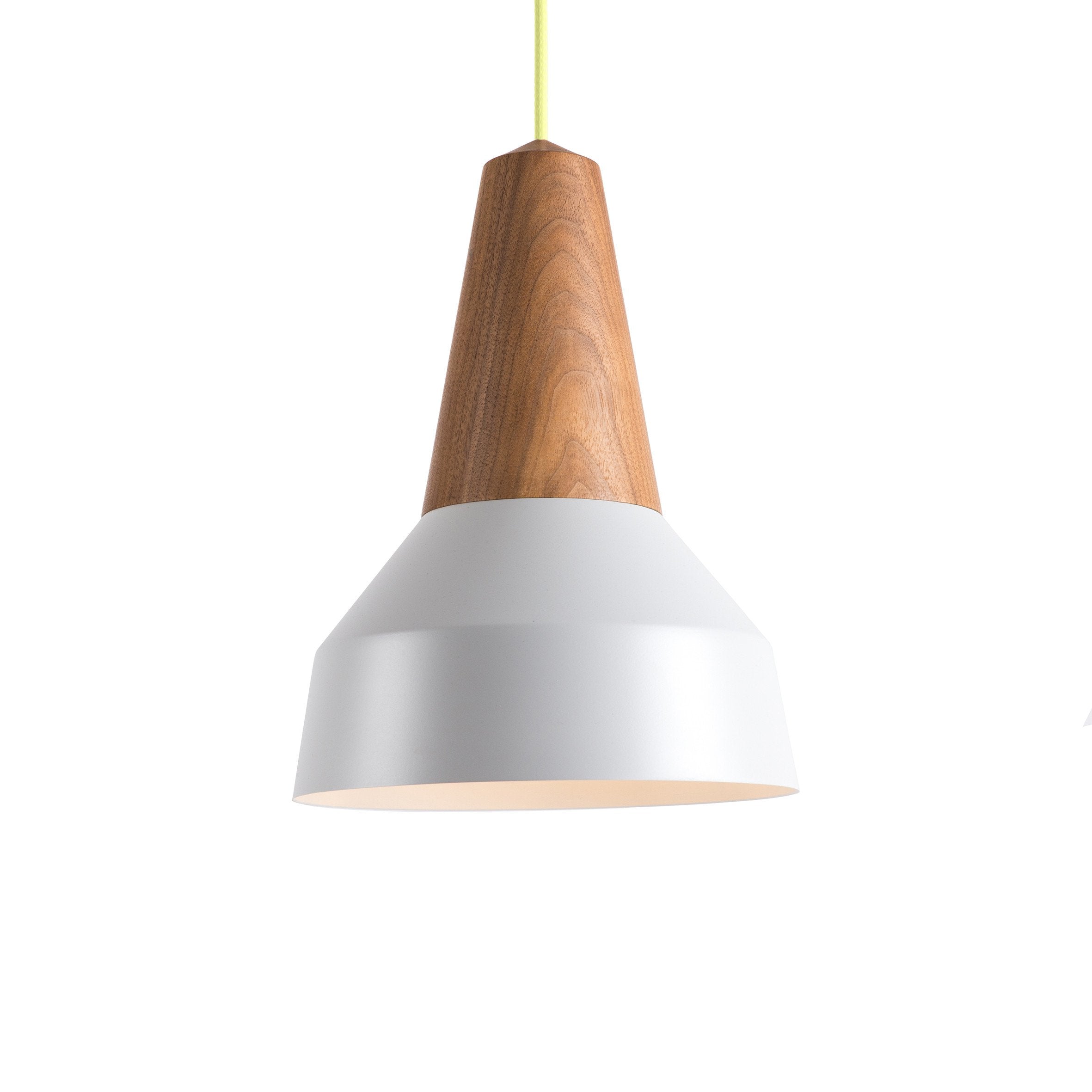 The Eikon Basic Nacre Gray by Schneid is a modern minimalist lamp featuring a sleek design with a certified wooden cone-shaped top and a smooth white metal lampshade, hanging from a bright yellow cord.