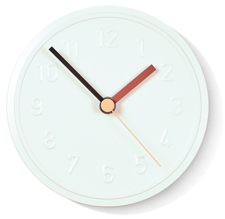 The Alu Alu Wallclock by Richard Lampert, designed by Jochen Gros, showcases a white face with embossed numbers. It features a sleek aluminum frame with black hour and minute hands, a red second hand, and displays the current time as approximately 1:50.